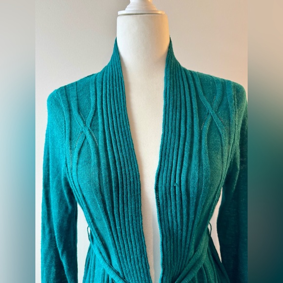 Anthro Knitted & Knotted Teal Open-Front Silk Trim Cardigan Sweater Size M NWT - Picture 4 of 15